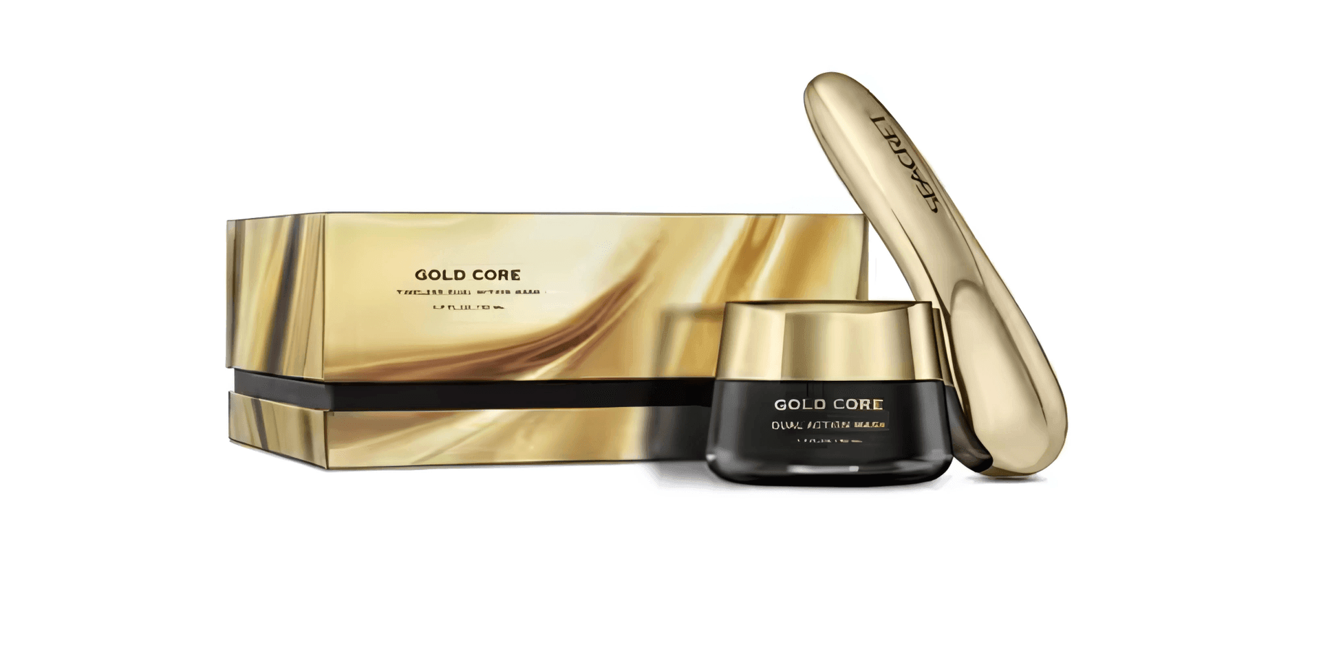 Gold Core Dual Action mask set with elegant packaging and gold-colored applicator brush displayed in front.